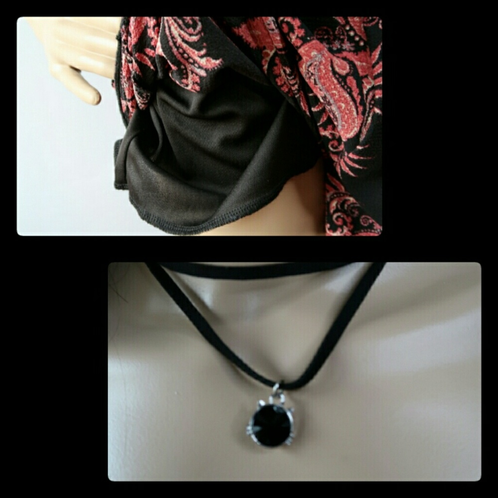 BLACK AND FUSCHIA PAISLEY PRINT OFF SHOULDER ROMPER W/ LEATHER LAYERED CHOKER!🌸 - Picture 7 of 8